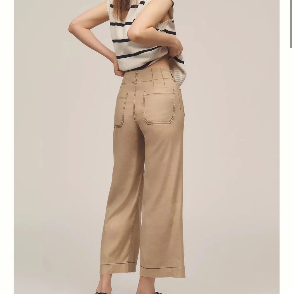 Anthropologie Maeve Colette Cropped Wide-Leg Pants Contrast-Stitch Linen Edition - Picture 3 of 5